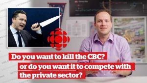 Nate Erskine-Smith with a superimposed image of Pierre Poilievre holding a knife and a caption which reads "Do you want to kill the CBC? or do you want to compete with the private sector?"