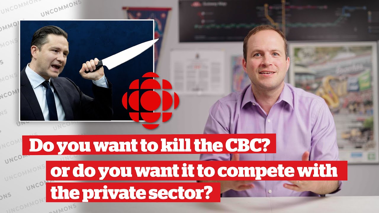 Nate Erskine-Smith with a superimposed image of Pierre Poilievre holding a knife and a caption which reads "Do you want to kill the CBC? or do you want to compete with the private sector?"