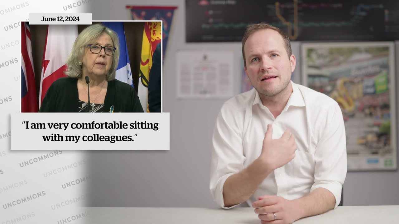 Nate Erskine-Smith with a superimposed picture of Elizabeth May which reads "I am very comfortable sitting with my collegues"