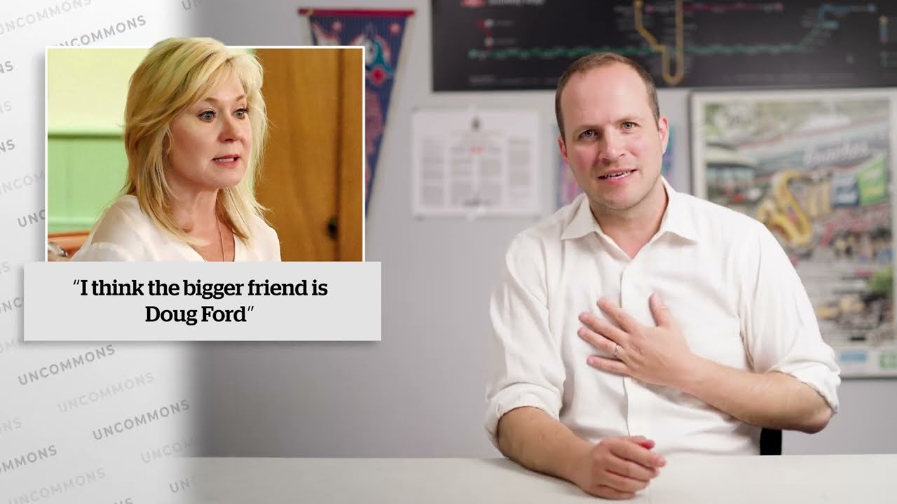 Nate Erskine-Smith with a superimposed image of Bonnie Crombie with a quoted caption of "I think the bigger friend is Doug Ford"